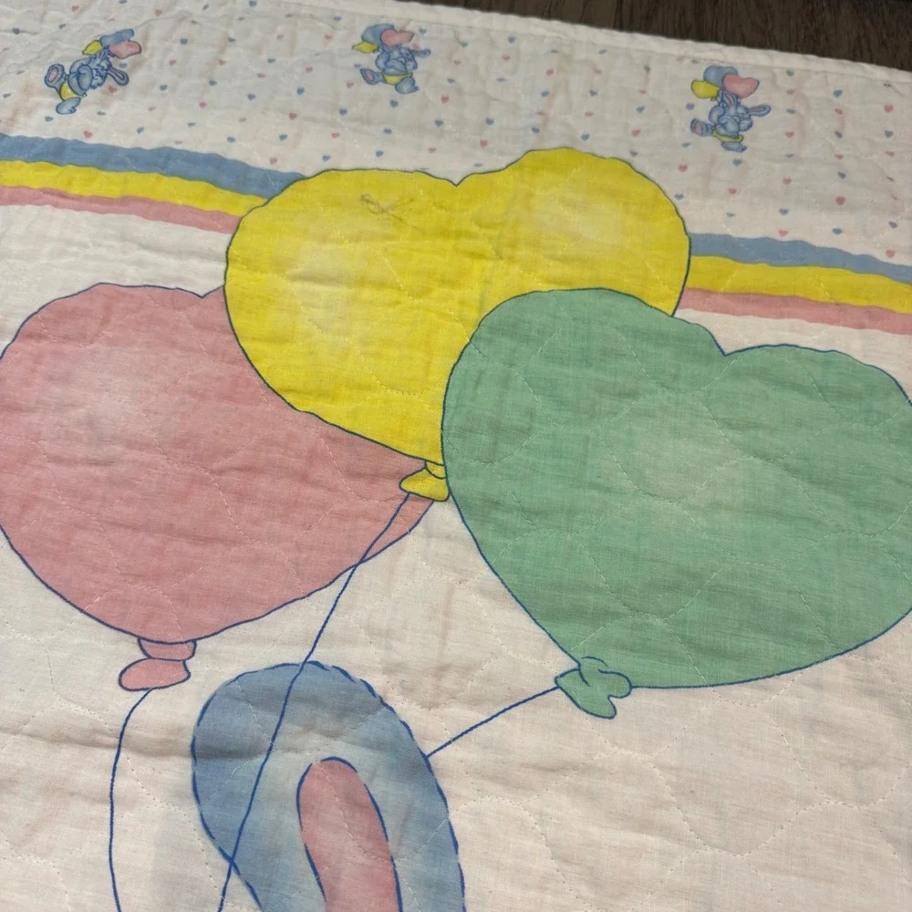 Vintage 80s Bunny Rabbit Balloons Baby Quilt Pastel Colors Nursery Decor Blanket